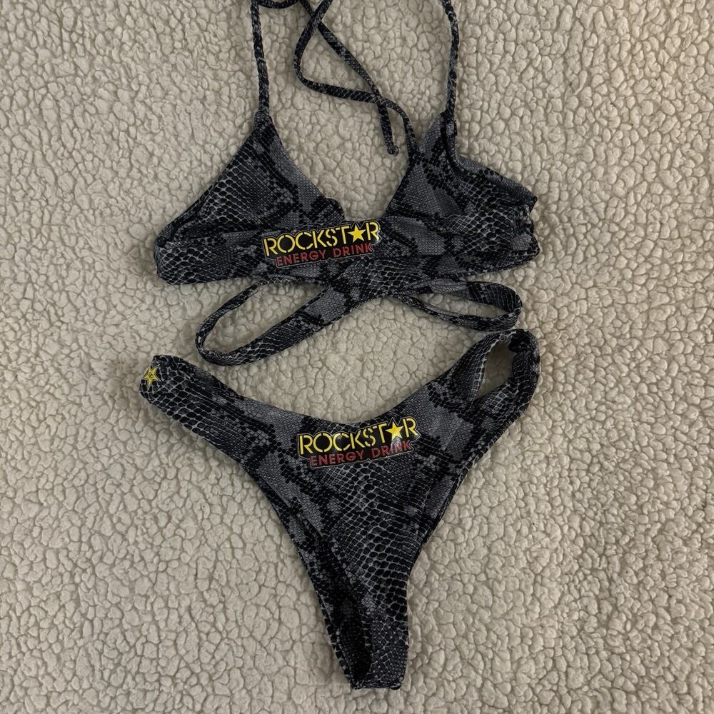 Rockstar Energy Drink 2 Piece String Bikini Size Small Snake Animal Print Rare - Picture 2 of 4